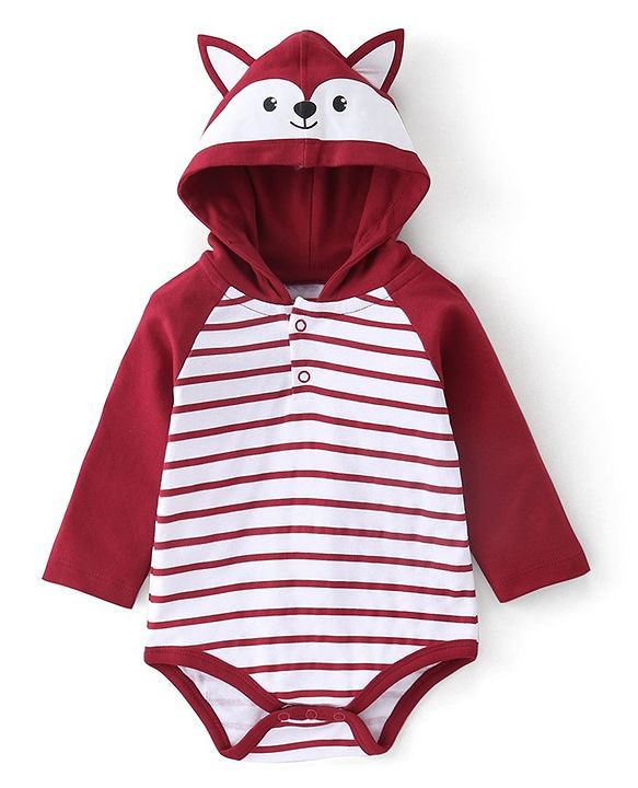 Babyhug 100% Cotton Knit Full Sleeves Striped Hooded Onesie with Lounge Pant - Red
