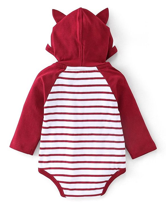 Babyhug 100% Cotton Knit Full Sleeves Striped Hooded Onesie with Lounge Pant - Red