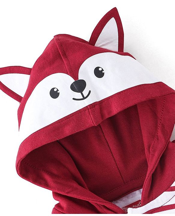 Babyhug 100% Cotton Knit Full Sleeves Striped Hooded Onesie with Lounge Pant - Red