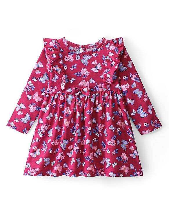 Babyhug Cotton Knit Full Sleeves Frock Butterfly Print - Pink