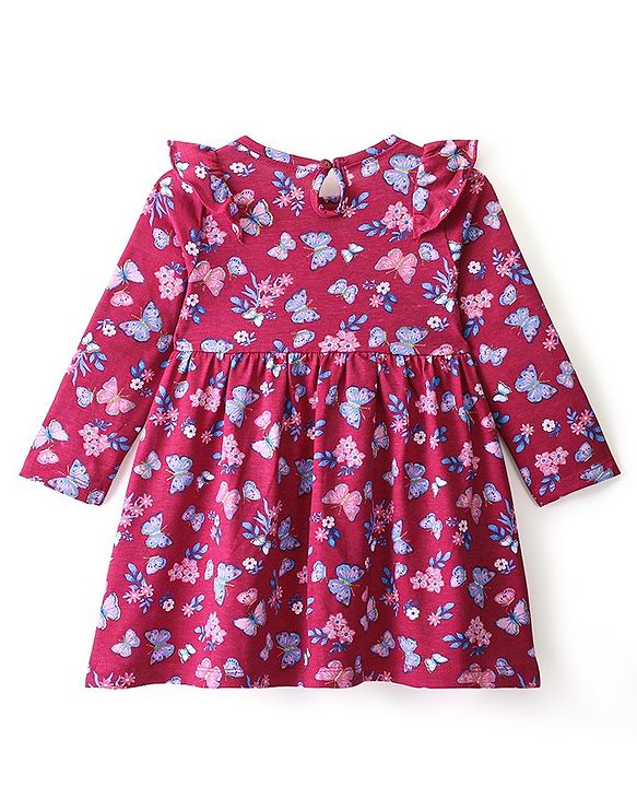 Babyhug Cotton Knit Full Sleeves Frock Butterfly Print - Pink
