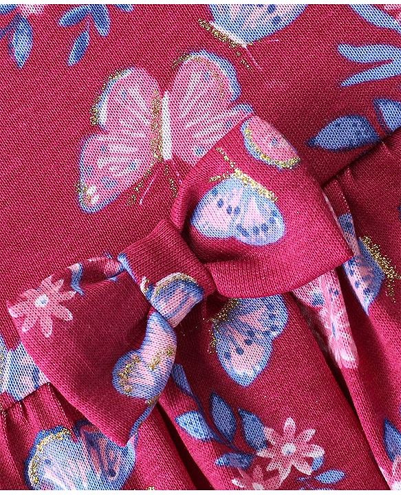 Babyhug Cotton Knit Full Sleeves Frock Butterfly Print - Pink