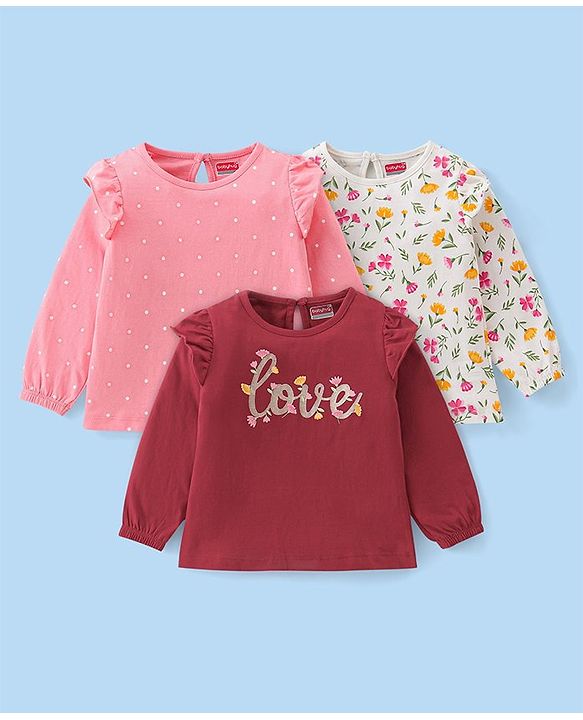 Babyhug Cotton Knit Full Sleeves Floral & Text Print T-Shirts Pack of 3 - Pink Maroon & Green