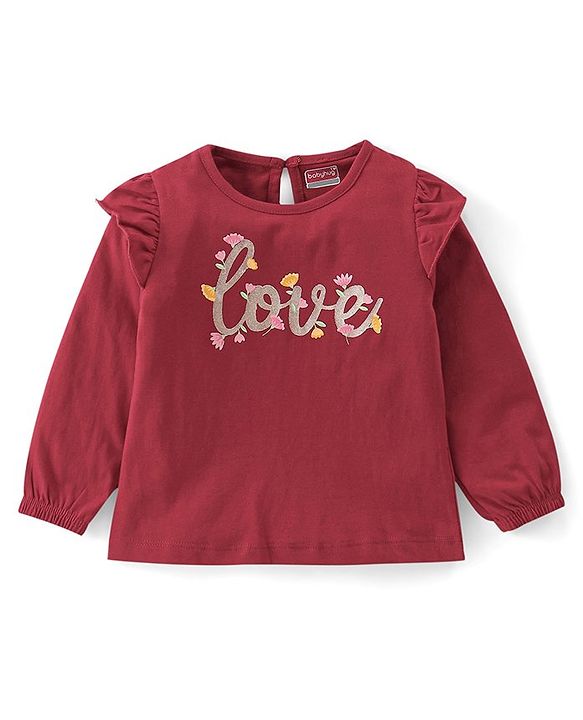 Babyhug Cotton Knit Full Sleeves Floral & Text Print T-Shirts Pack of 3 - Pink Maroon & Green
