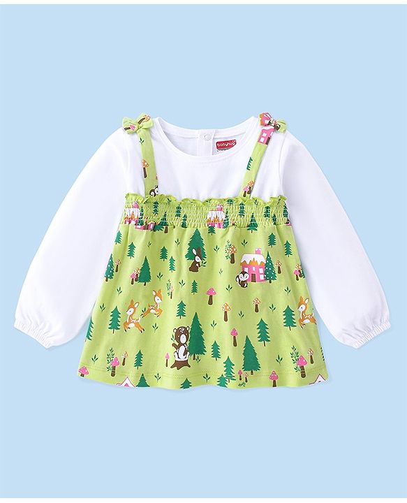 Babyhug Cotton Knit Full Sleeves Overlap Tee with Jungle Theme Print & Smocking Detailing - Lime Green