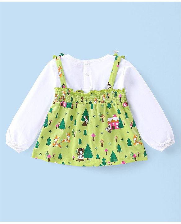 Babyhug Cotton Knit Full Sleeves Overlap Tee with Jungle Theme Print & Smocking Detailing - Lime Green