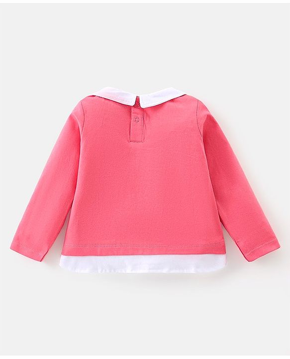 Babyhug 100% Cotton Knit Full Sleeves Overlap Peterpan Collar T-Shirt With Graphics - Pink & White