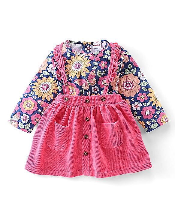 Babyhug 100% Cotton Knit Full Sleeves With Top & Skirt Floral Print - Navy Blue & Pink