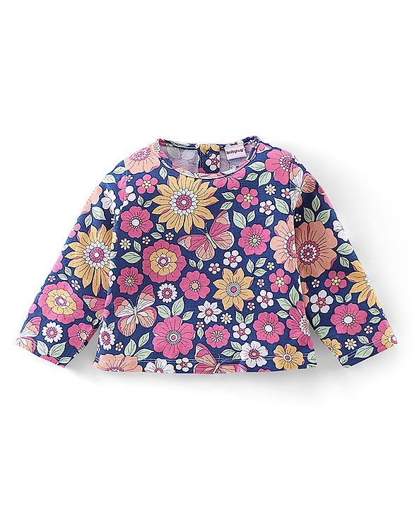 Babyhug 100% Cotton Knit Full Sleeves With Top & Skirt Floral Print - Navy Blue & Pink