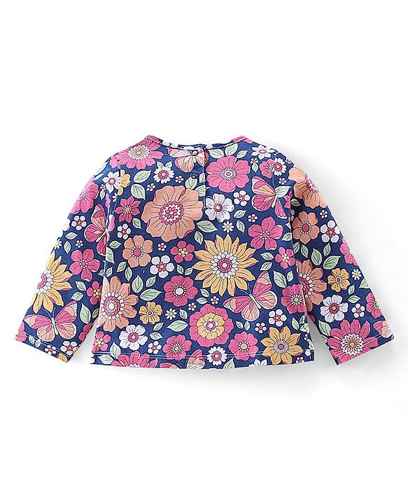Babyhug 100% Cotton Knit Full Sleeves With Top & Skirt Floral Print - Navy Blue & Pink