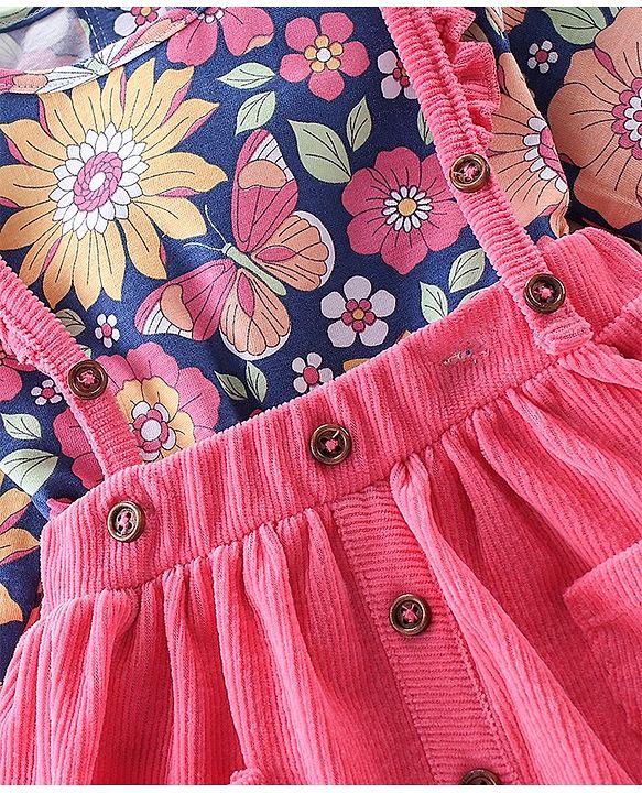 Babyhug 100% Cotton Knit Full Sleeves With Top & Skirt Floral Print - Navy Blue & Pink