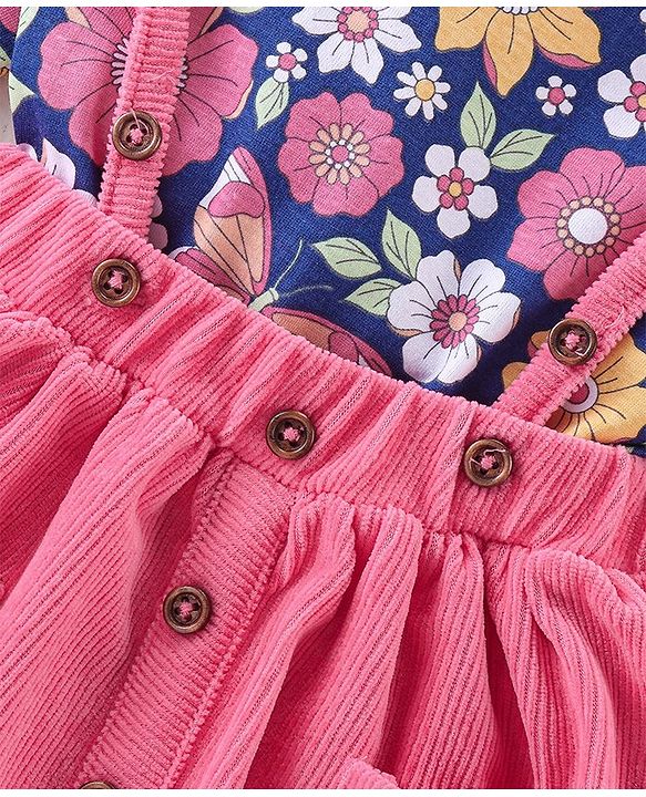 Babyhug 100% Cotton Knit Full Sleeves With Top & Skirt Floral Print - Navy Blue & Pink