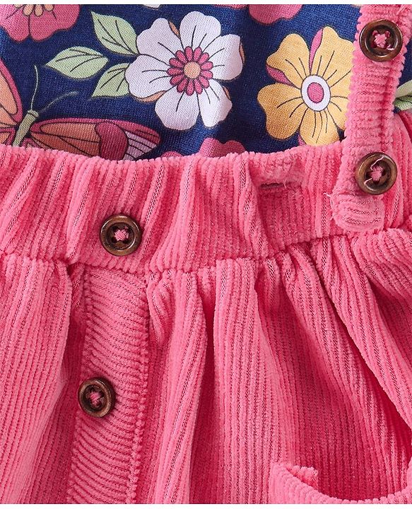 Babyhug 100% Cotton Knit Full Sleeves With Top & Skirt Floral Print - Navy Blue & Pink