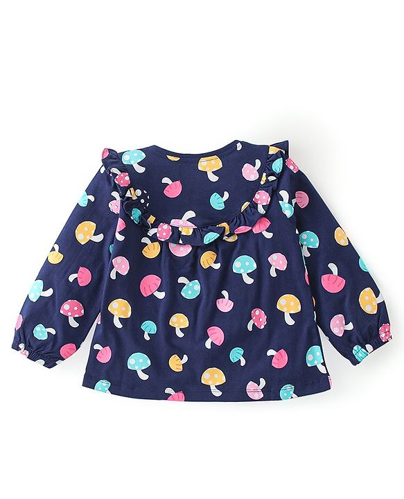 Babyhug Cotton Knit Full Sleeves Mushroom Printed Top with Frill Detailing - Navy Blue