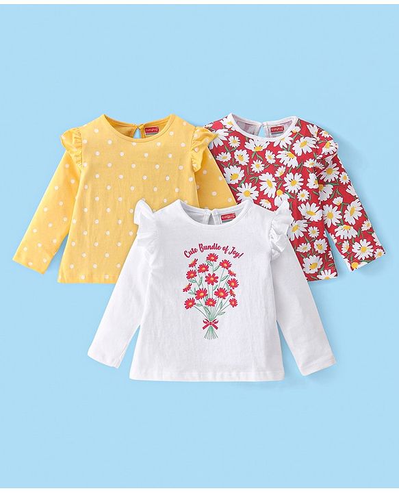 Babyhug 100% Cotton Knit Full Sleeves Tees With Frill Detailing & Floral Graphics Pack of 3- Red White & Yellow