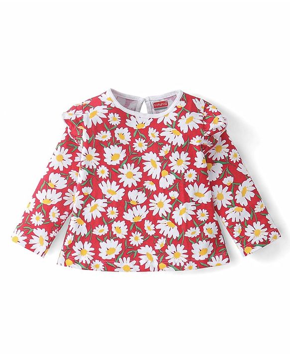 Babyhug 100% Cotton Knit Full Sleeves Tees With Frill Detailing & Floral Graphics Pack of 3- Red White & Yellow