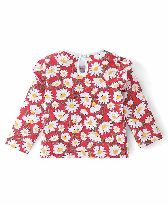 Babyhug 100% Cotton Knit Full Sleeves Tees With Frill Detailing & Floral Graphics Pack of 3- Red White & Yellow