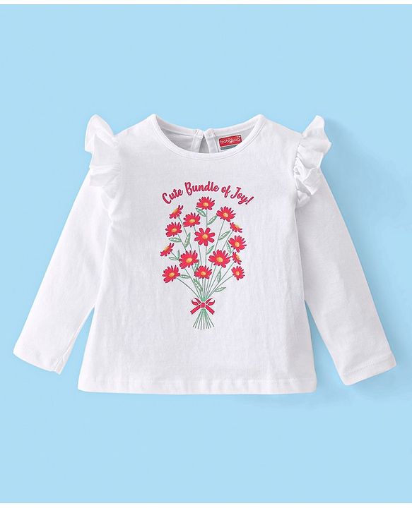 Babyhug 100% Cotton Knit Full Sleeves Tees With Frill Detailing & Floral Graphics Pack of 3- Red White & Yellow