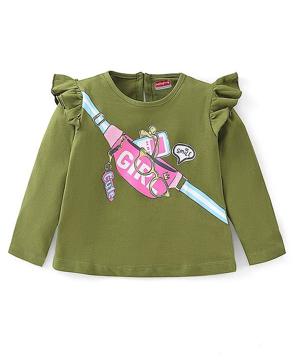 Babyhug 100% Cotton Knit Full Sleeves T-Shirt With Graphics & Frill Detailing - Green
