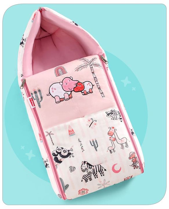 Babyhug Velour Sleeping Bag Baby Animal Print with Embroidery - Pink