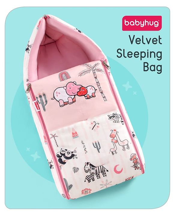 Babyhug Velour Sleeping Bag Baby Animal Print with Embroidery - Pink