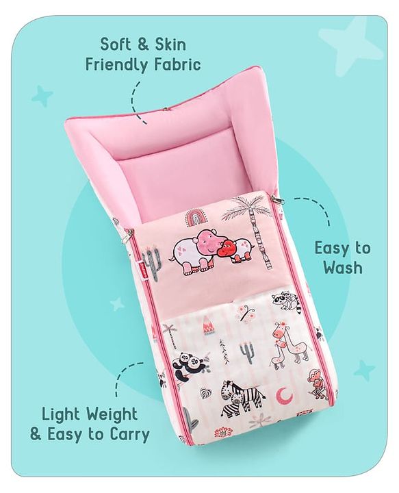 Babyhug Velour Sleeping Bag Baby Animal Print with Embroidery - Pink