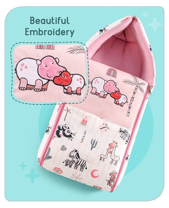 Babyhug Velour Sleeping Bag Baby Animal Print with Embroidery - Pink