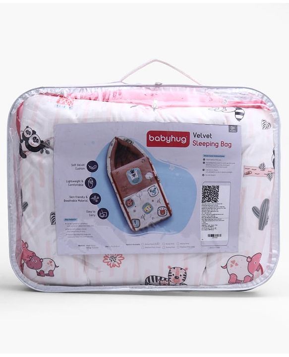 Babyhug Velour Sleeping Bag Baby Animal Print with Embroidery - Pink