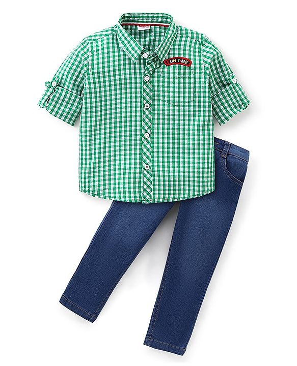 Babyhug Full Sleeves Checekered Shirt and Denim Jeans With Text Applique - Green & Blue