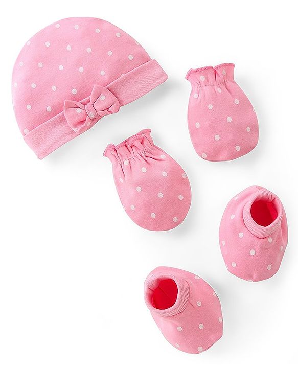 Babyhug 100% Cotton Kitted Cap Mittens & Booties with Polka Dot Print- Pink