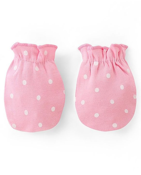 Babyhug 100% Cotton Kitted Cap Mittens & Booties with Polka Dot Print- Pink