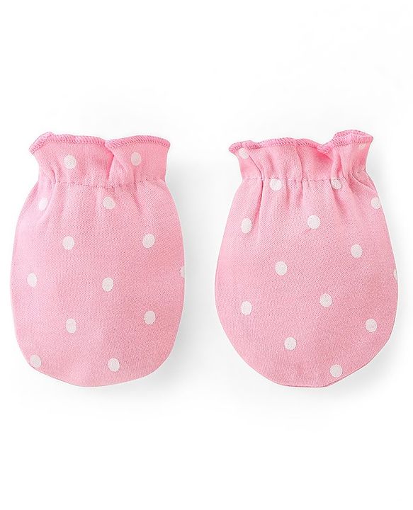 Babyhug 100% Cotton Kitted Cap Mittens & Booties with Polka Dot Print- Pink