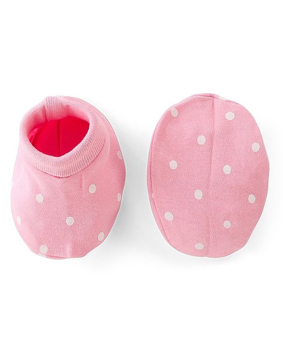 Babyhug 100% Cotton Kitted Cap Mittens & Booties with Polka Dot Print- Pink