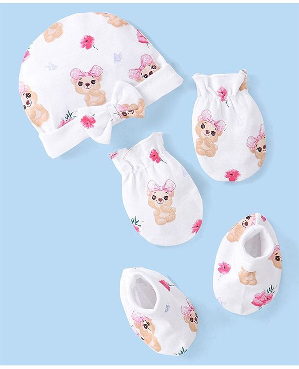 Babyhug 100% Cotton Cap Mittens & Booties Set Puppy Print - White