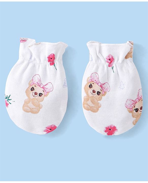 Babyhug 100% Cotton Cap Mittens & Booties Set Puppy Print - White