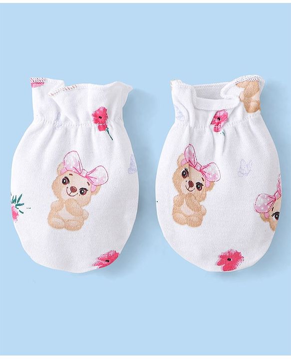 Babyhug 100% Cotton Cap Mittens & Booties Set Puppy Print - White