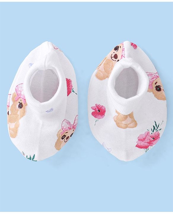 Babyhug 100% Cotton Cap Mittens & Booties Set Puppy Print - White