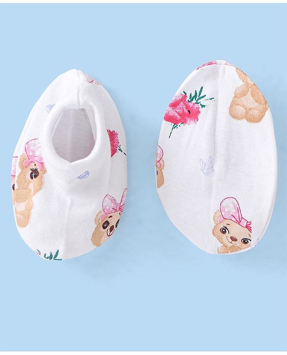 Babyhug 100% Cotton Cap Mittens & Booties Set Puppy Print - White
