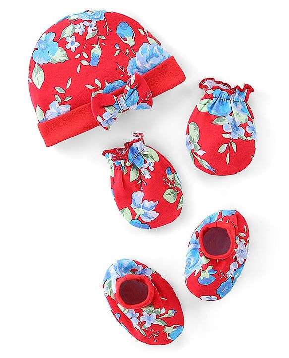 Babyhug 100% Cotton Cap Mittens & Booties Floral Print - Red