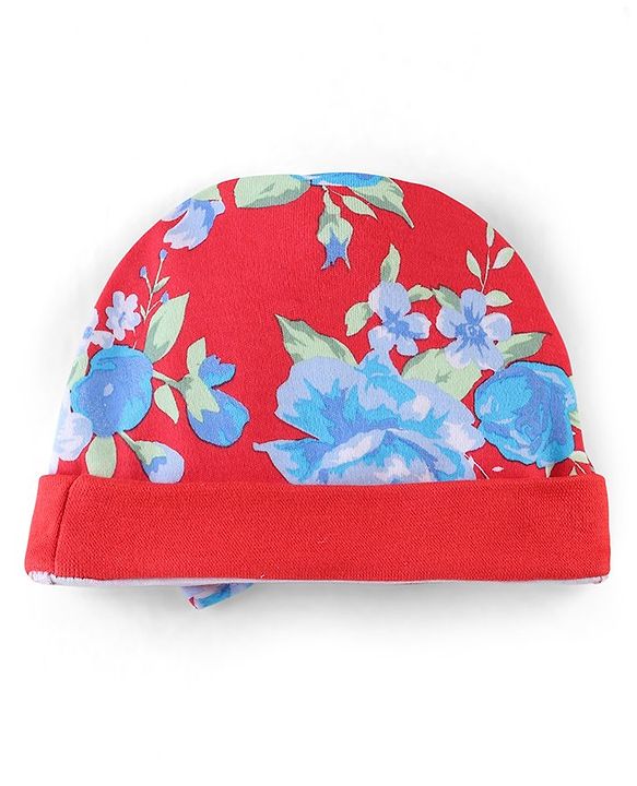 Babyhug 100% Cotton Cap Mittens & Booties Floral Print - Red