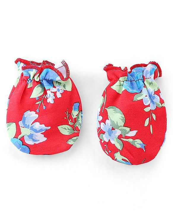Babyhug 100% Cotton Cap Mittens & Booties Floral Print - Red
