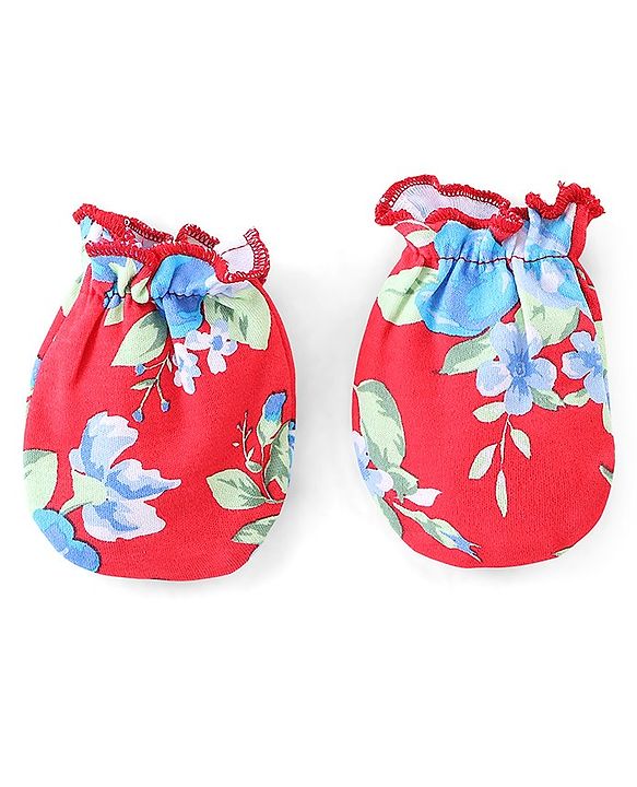 Babyhug 100% Cotton Cap Mittens & Booties Floral Print - Red