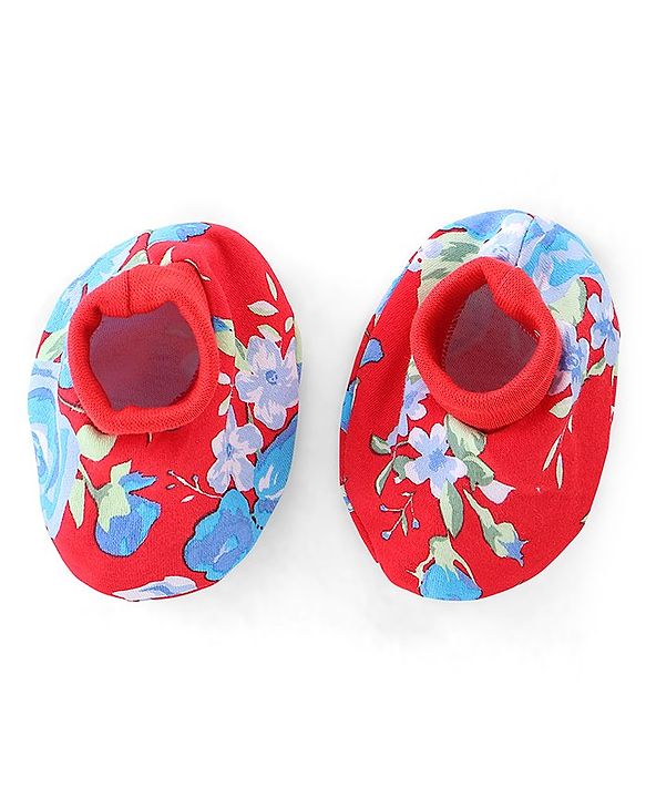 Babyhug 100% Cotton Cap Mittens & Booties Floral Print - Red
