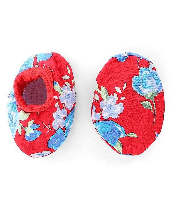 Babyhug 100% Cotton Cap Mittens & Booties Floral Print - Red