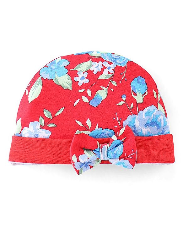 Babyhug 100% Cotton Cap Mittens & Booties Floral Print - Red