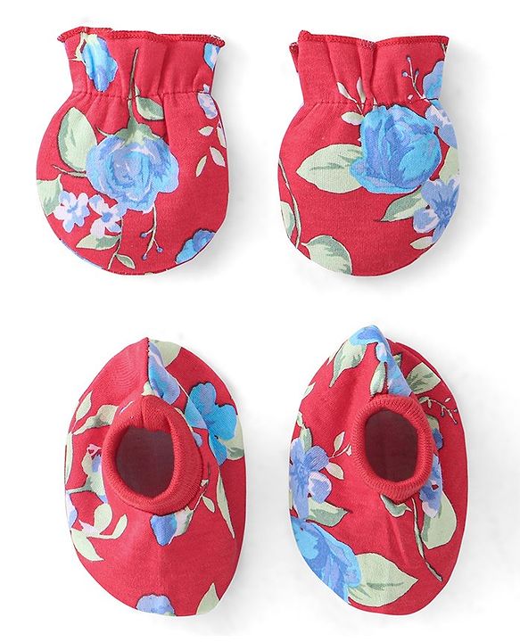 Babyhug 100% Cotton Mittens & Booties Floral Print - Red