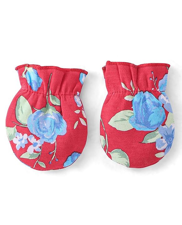 Babyhug 100% Cotton Mittens & Booties Floral Print - Red