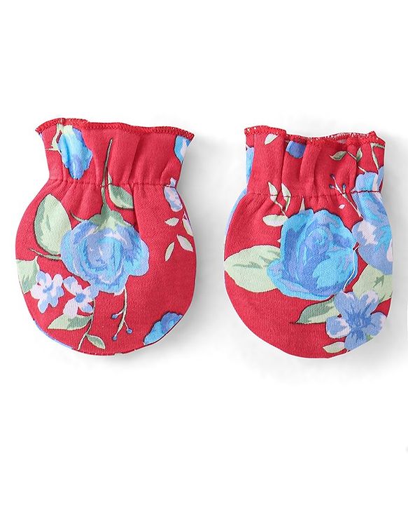 Babyhug 100% Cotton Mittens & Booties Floral Print - Red