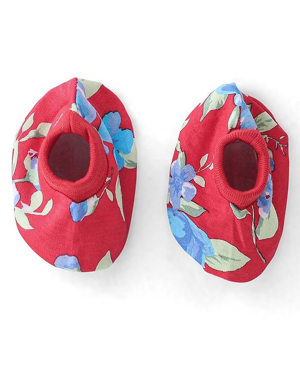 Babyhug 100% Cotton Mittens & Booties Floral Print - Red