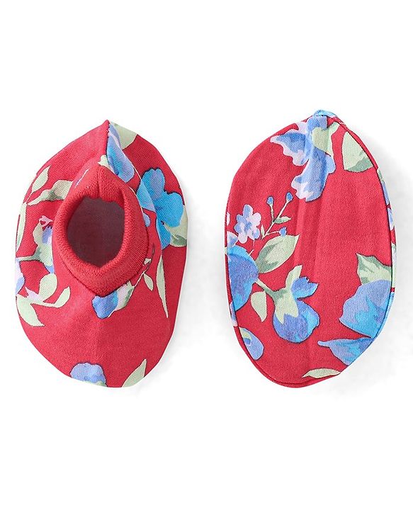 Babyhug 100% Cotton Mittens & Booties Floral Print - Red